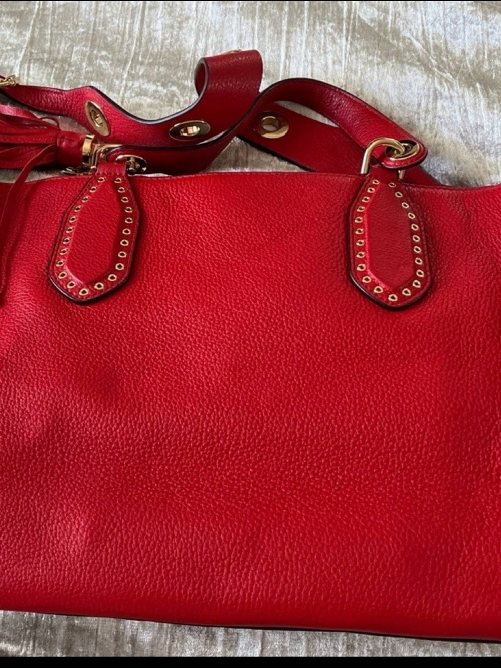 Michael Kors Red Leather Tote with Tassel and Gold Accents - Picture 5 of 9